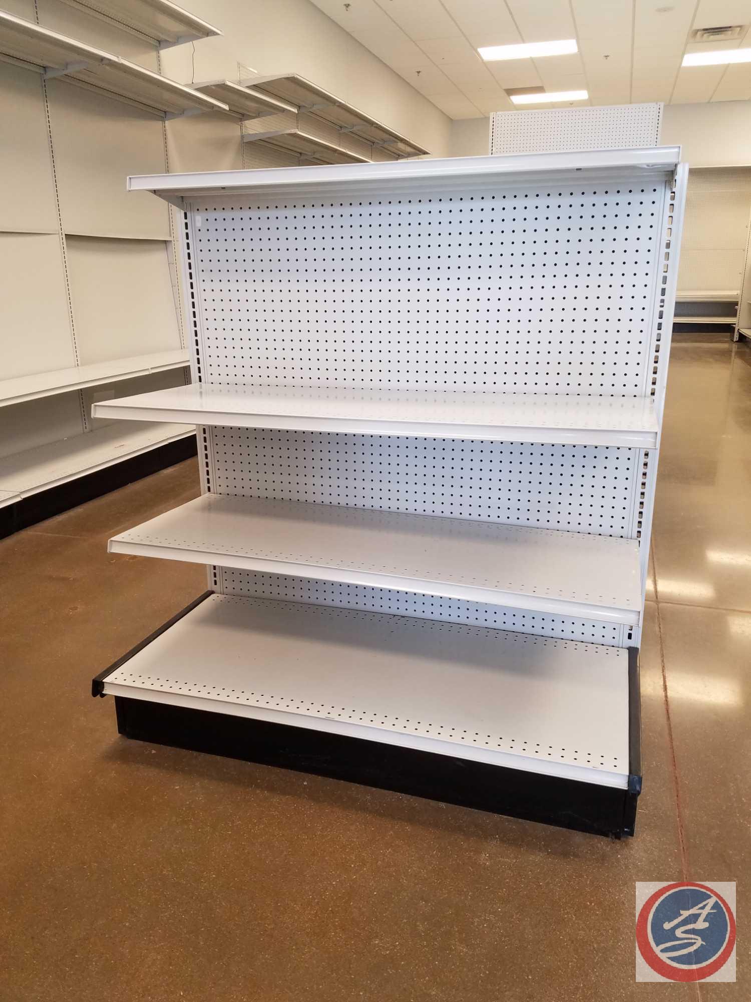 4 Sections of Lozier Shelving, Double Sided Gondola; including 12 Shelves Measuring 4' x 19", 6