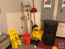 Industrial Mop Bucket, (2) Caution Wet Floor Signs, 5 Gallon Bucket, Dry Mop, Broom, Dustpan, Step