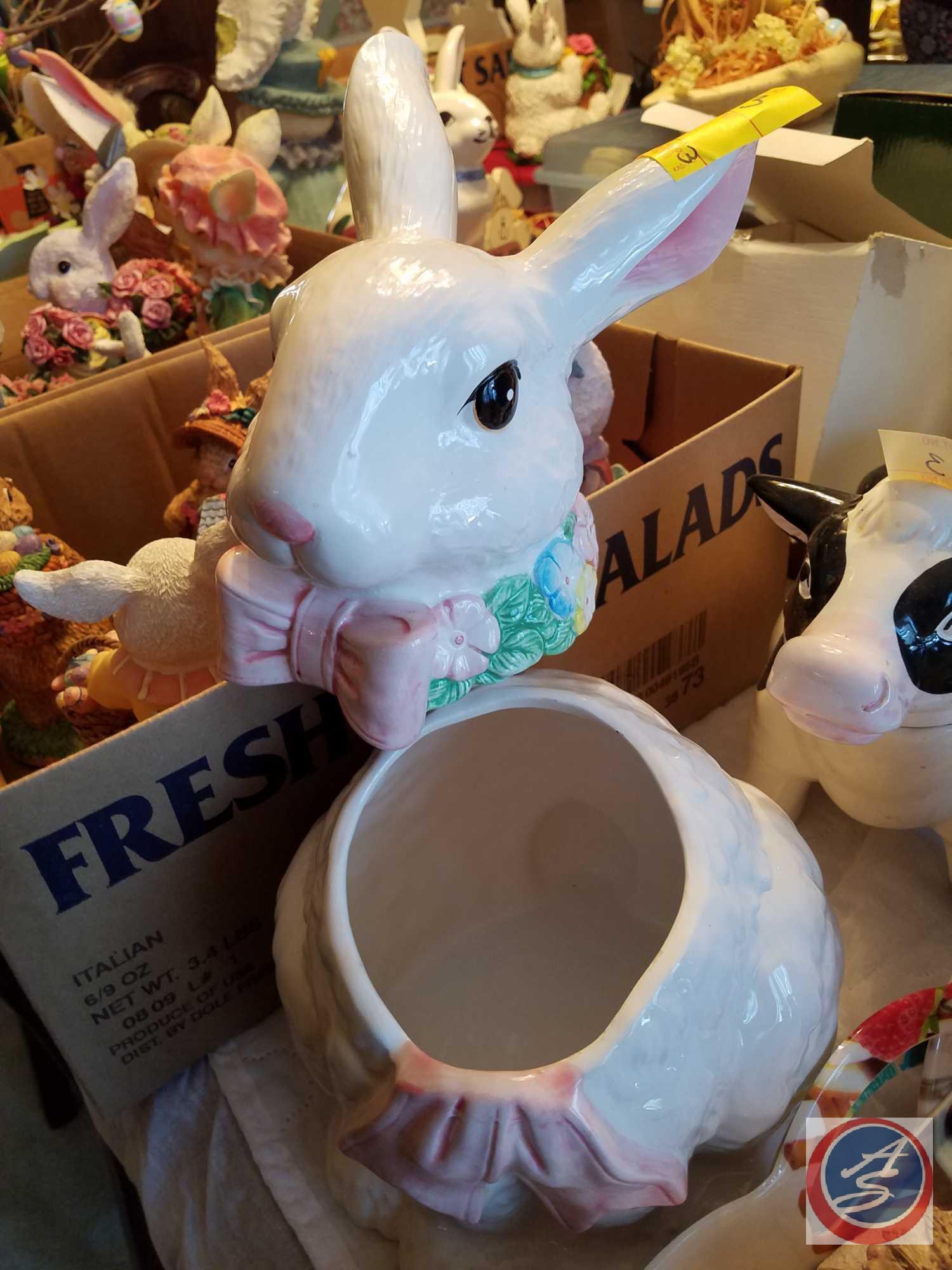 Cow Cookie Jar, Bunny Cookie Jar, (4) Plastic Serving Trays ( Two with Broken Handles), Masterpiece