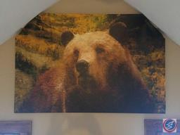 Large Oil Painting on Canvas of a Bear 50" x 33" (tapered corners, (2) Antler Lamps