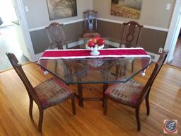 Glass Octagon Dining Table 66" x 30" with (6) Wooden and Upholstered Dining Chairs 43 1/2" ,