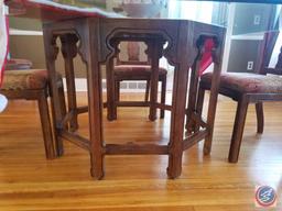 Glass Octagon Dining Table 66" x 30" with (6) Wooden and Upholstered Dining Chairs 43 1/2" ,