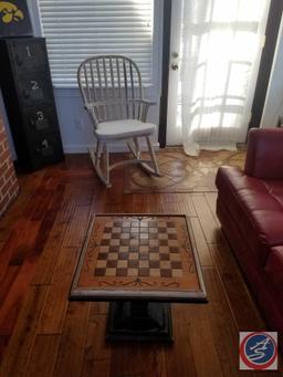 (2) White Washed Rocking Chairs 40" , Chess Table 20" x 20" x 18" {{GAME PIECES ARE IN A DRAWER OF