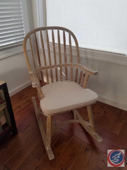 (2) White Washed Rocking Chairs 40" , Chess Table 20" x 20" x 18" {{GAME PIECES ARE IN A DRAWER OF