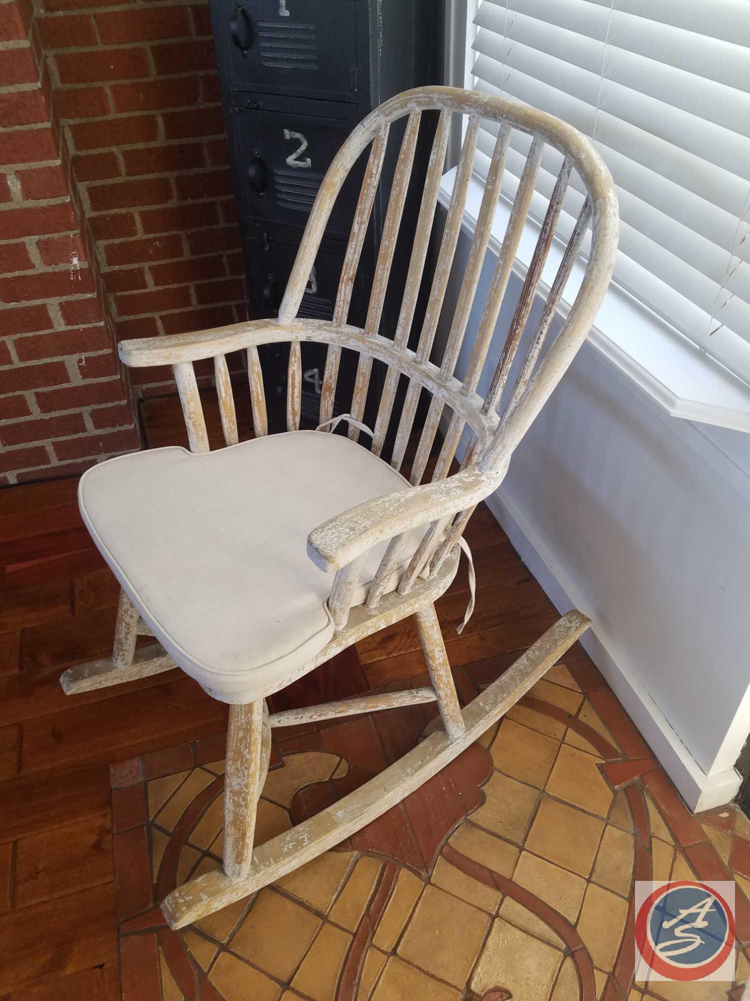 (2) White Washed Rocking Chairs 40" , Chess Table 20" x 20" x 18" {{GAME PIECES ARE IN A DRAWER OF