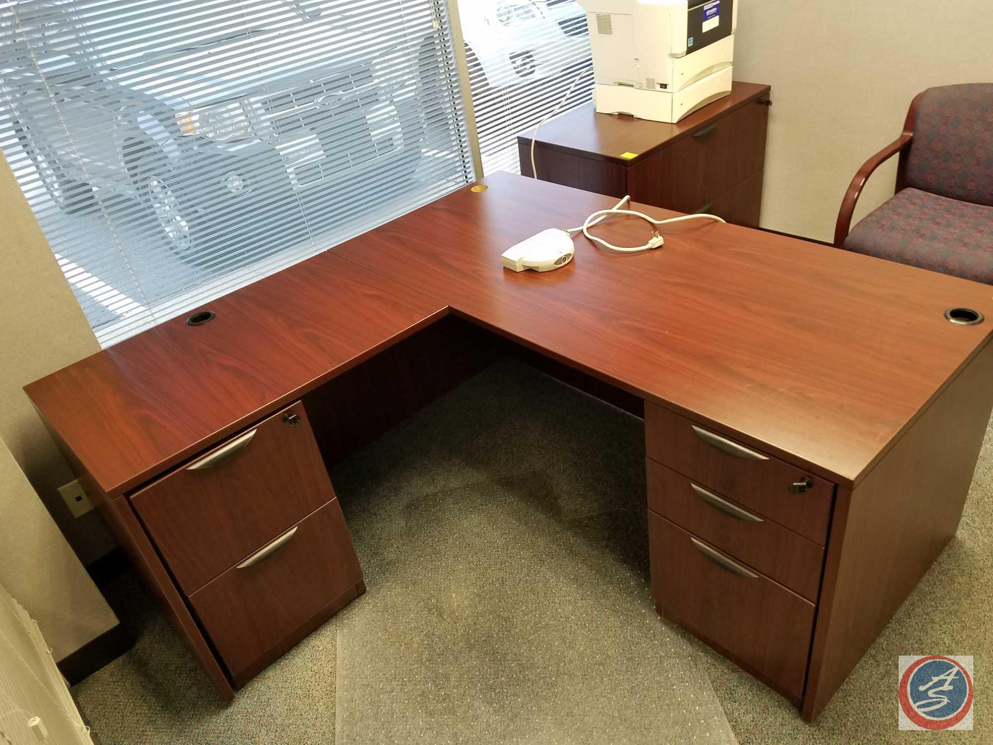 Steelcase L-Shaped Wood Desk w/3 Drawers and 2 Drawer File Cabinet w/key Measuring: 66"x 65"x29.5",