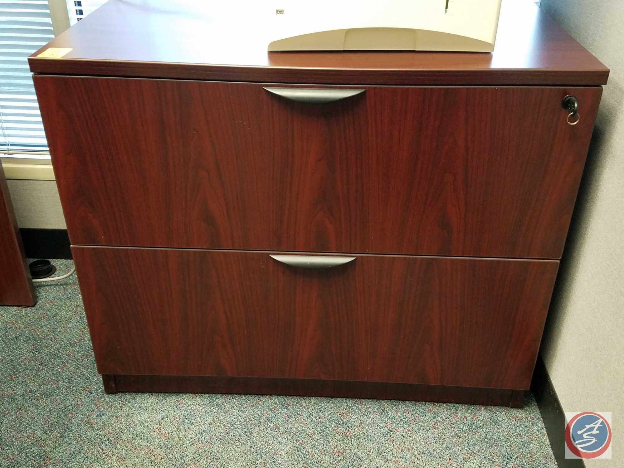 Steelcase L-Shaped Wood Desk w/3 Drawers and 2 Drawer File Cabinet w/key Measuring: 66"x 65"x29.5",