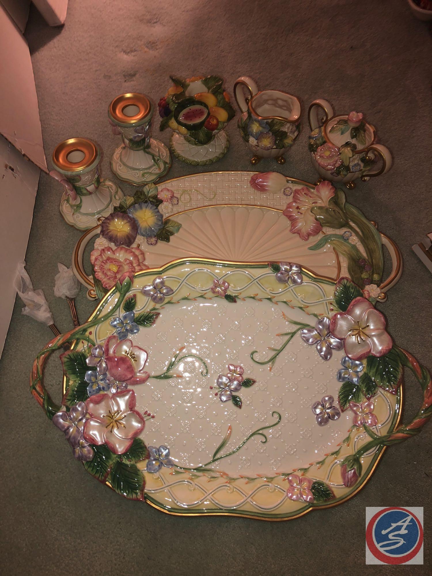 Fitz and Floyd Floral Serving Set Including (2) Platters, Candle Stick Holders and More
