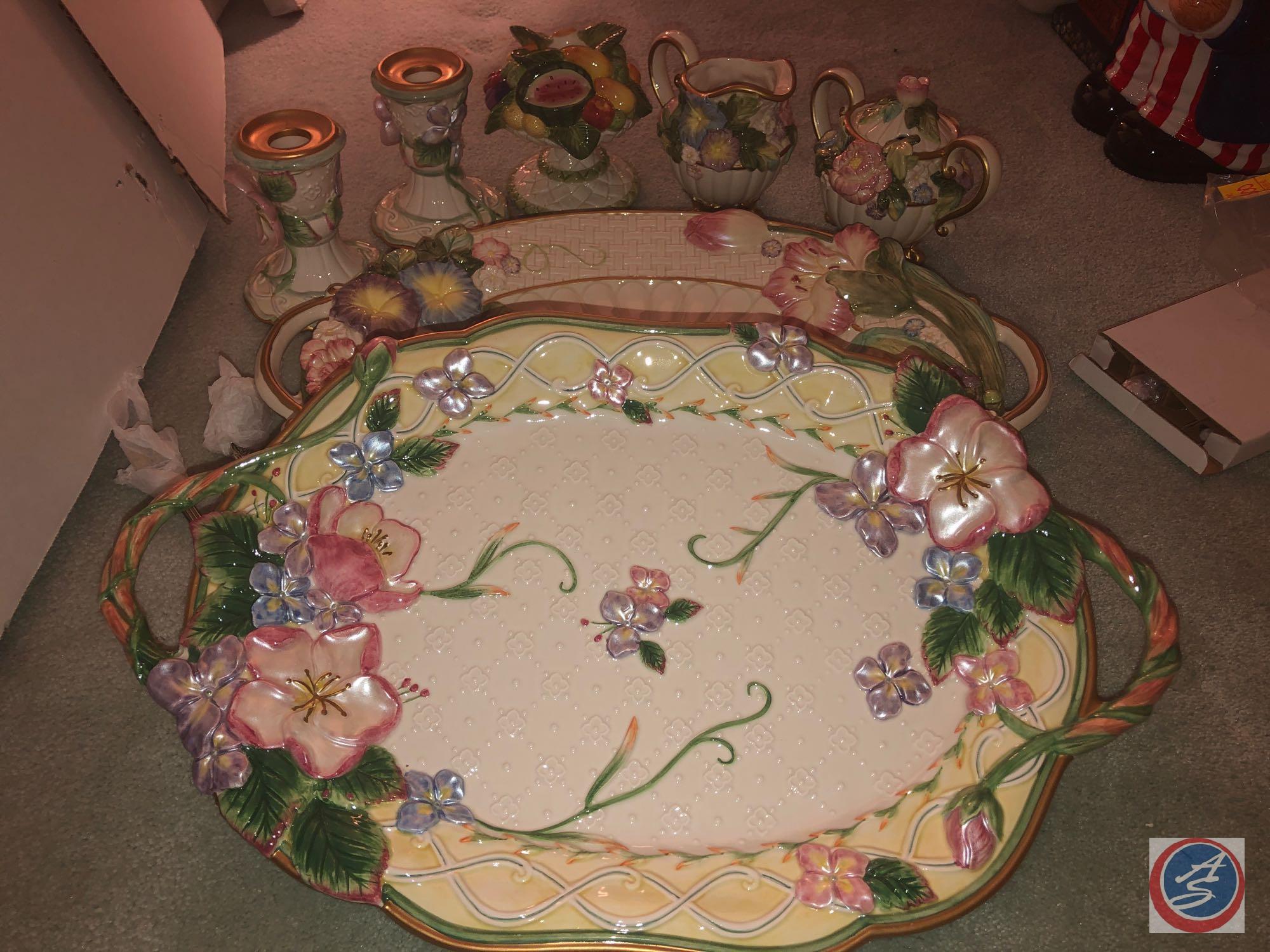 Fitz and Floyd Floral Serving Set Including (2) Platters, Candle Stick Holders and More