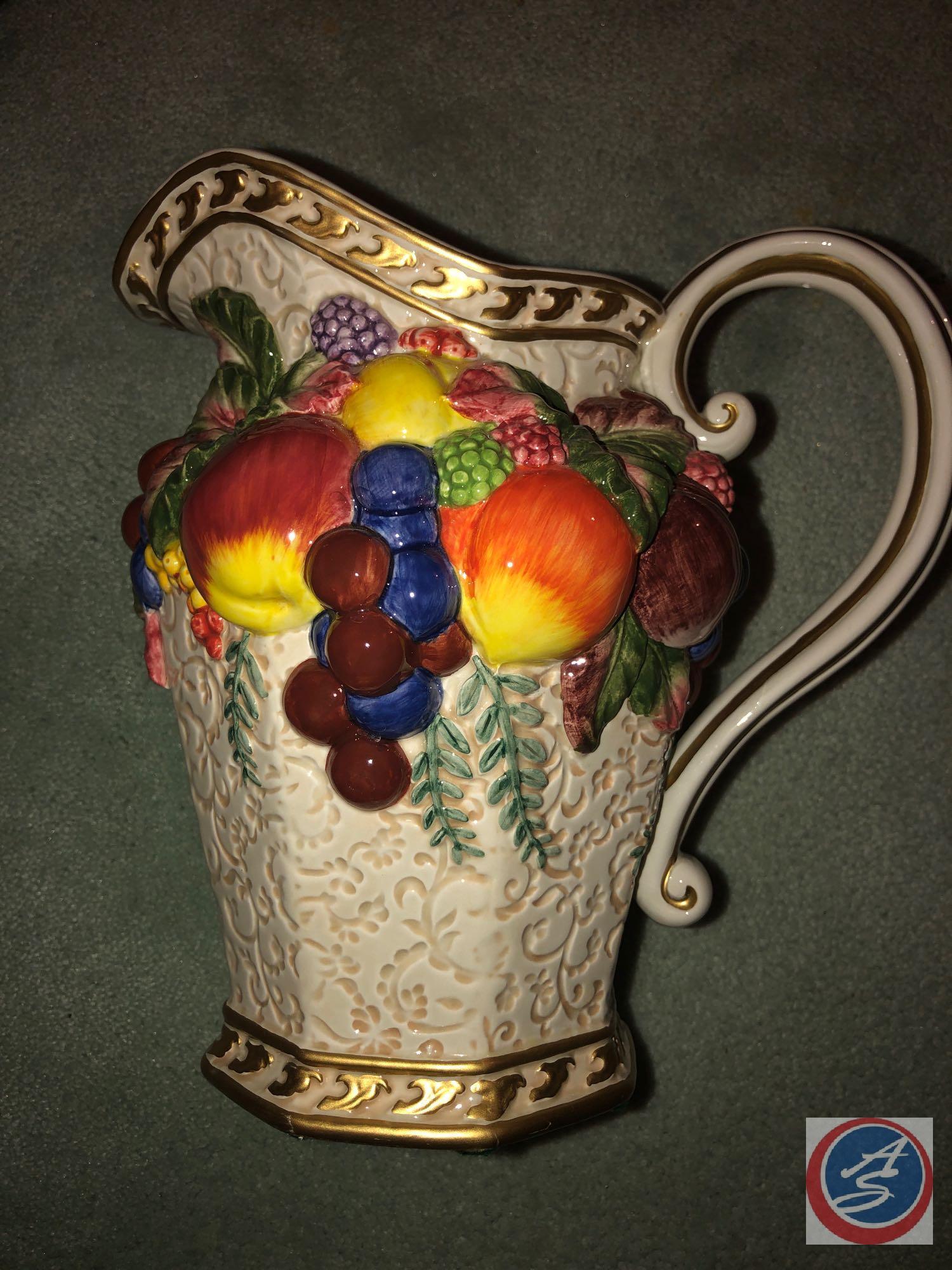 Fitz and Floyd Pitcher with Fruit Design, Fitz and Floyd Candle Stick with Fruit Design and Fruit