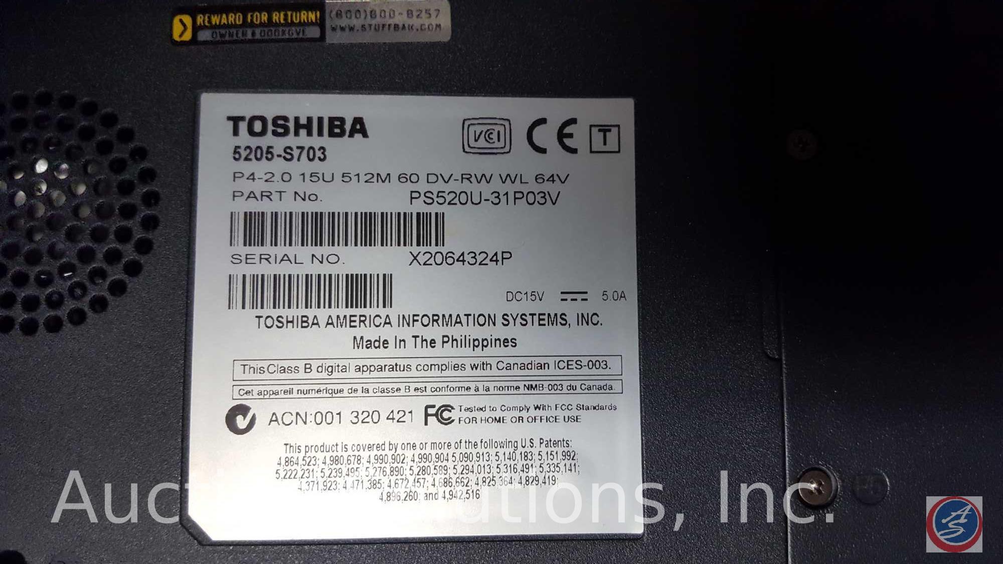 Toshiba Laptop Serial #X2064324P w/ Windows XP, Surge Protector