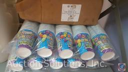 Dixie Ultra Easy Nap Dispenser, (2) Packages of Happy Birthday Paper Cups, White Lunch Bags, Water