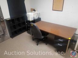Wooden/Metal Office Desk 60" x 28" x 31", Shoe Compartment Shelf 35" x 10" x 36", Office Chair, 2