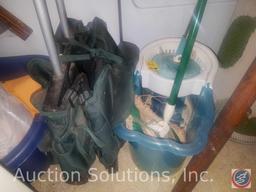 Assorted Cleaning Supplies, Twist Mop/Bucket, Indoor/Outdoor Rug, Dustpan, Bag, Bag of "Rag" Linens