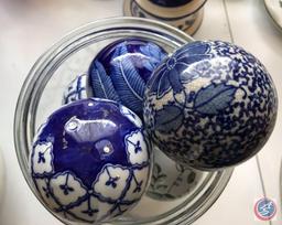 (2) Jars Full of White and Colored Decorative Balls, One of the Holders is a Commode