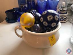 (2) Jars Full of White and Colored Decorative Balls, One of the Holders is a Commode