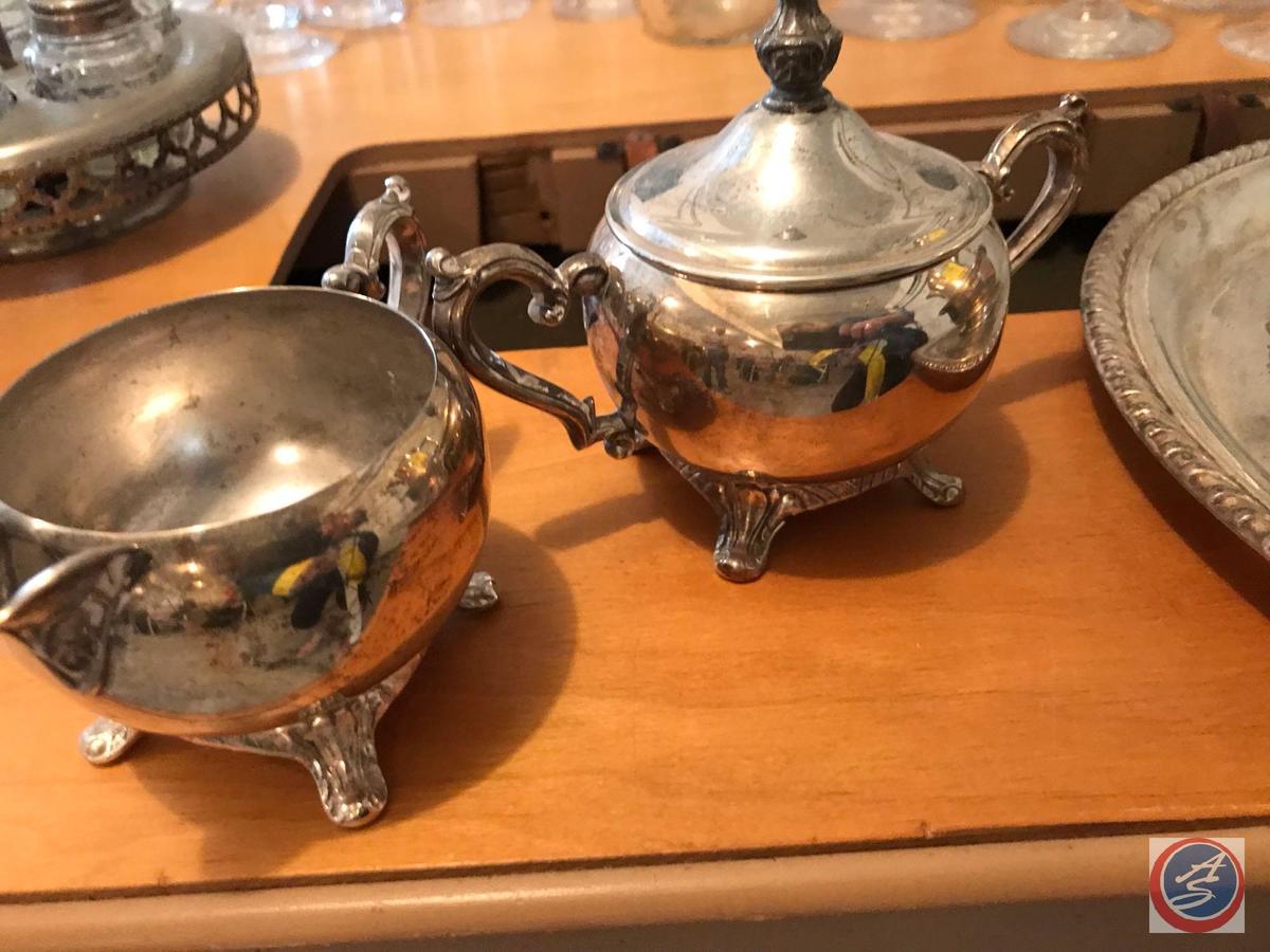 Sewing Table, (3) Pieces of Silver Plate, William Rogers 171, POLLE Silver Company Biscuit Bowl, and