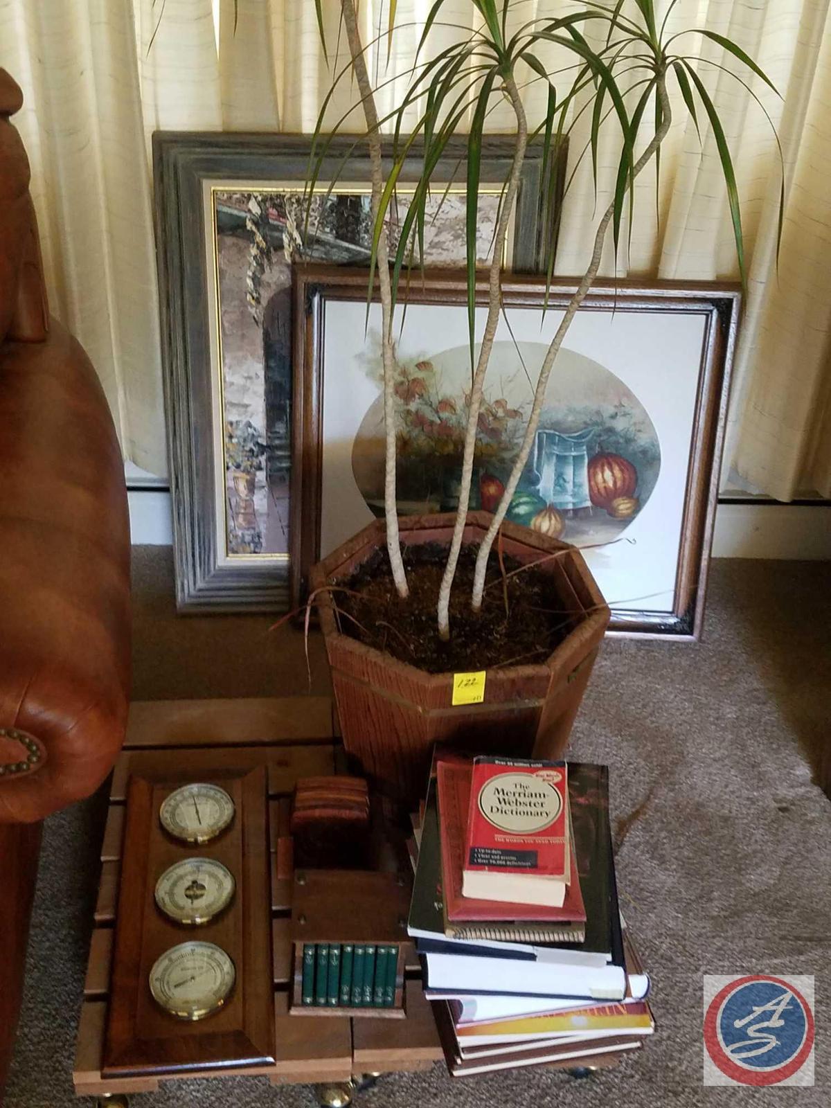 (4) Rolling Plant Stands, Plant, Barometer, 3 Volume "The Gunfighters", (2) Coaster Sets, Framed Oil