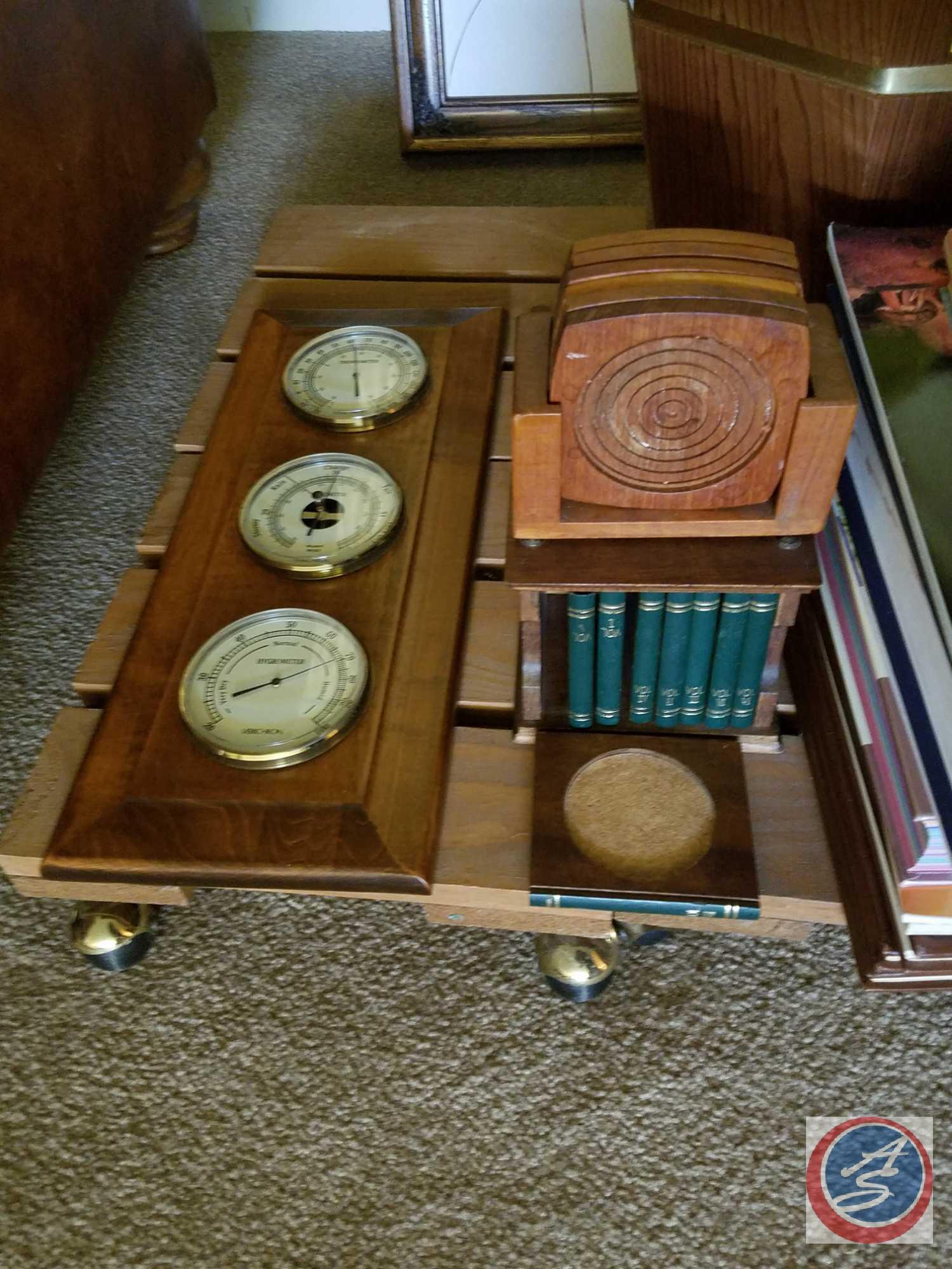 (4) Rolling Plant Stands, Plant, Barometer, 3 Volume "The Gunfighters", (2) Coaster Sets, Framed Oil