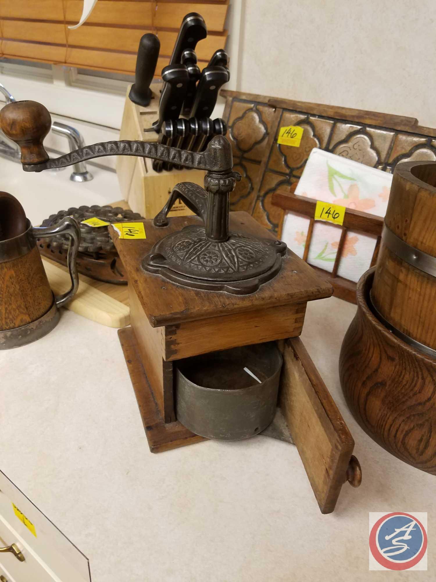 Wooden "Nuts" Bowl with Nut Crackers, Wooden Bowl, Wooden/Metal Cup, Napkin Holder, Knife Set in