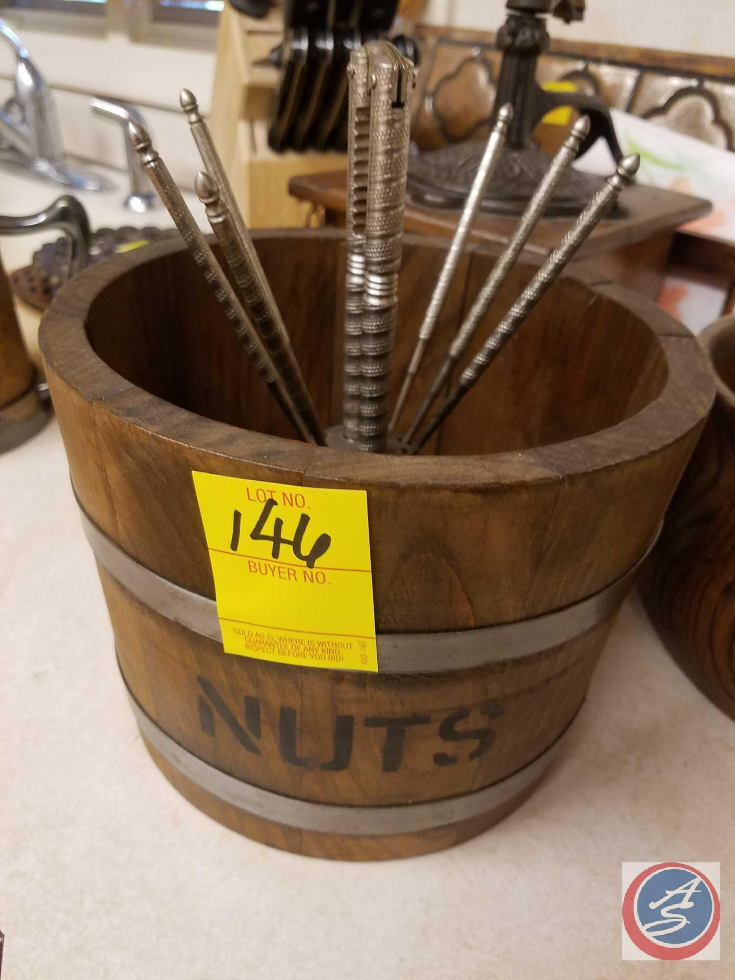 Wooden "Nuts" Bowl with Nut Crackers, Wooden Bowl, Wooden/Metal Cup, Napkin Holder, Knife Set in