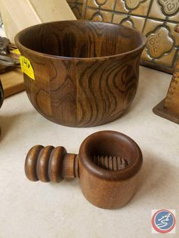 Wooden "Nuts" Bowl with Nut Crackers, Wooden Bowl, Wooden/Metal Cup, Napkin Holder, Knife Set in