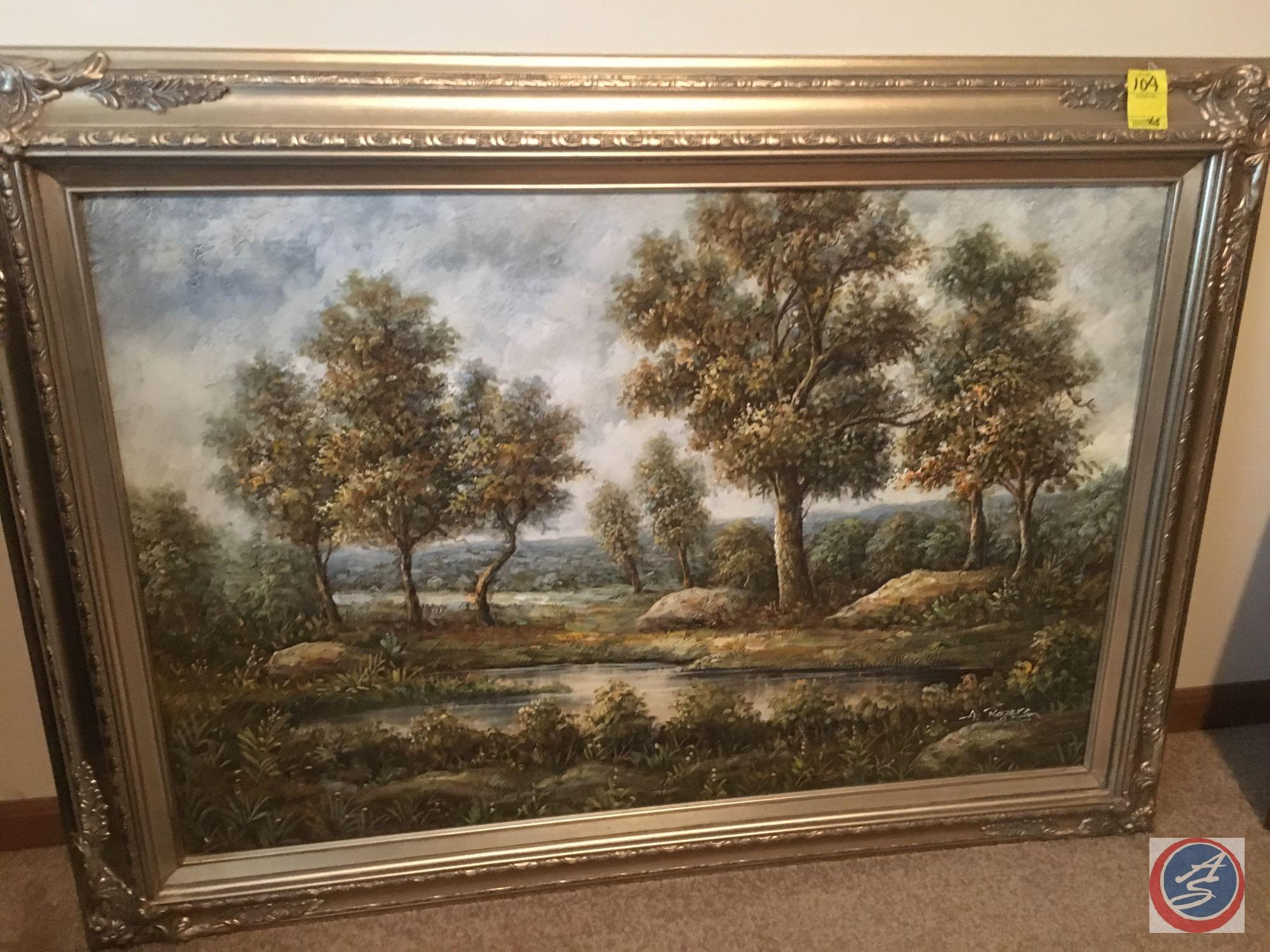 {{3x$BID}} Vintage Framed Canvas Painting 44" x 33" Signed by (2) Signed by A. Rogers, (1) by J.