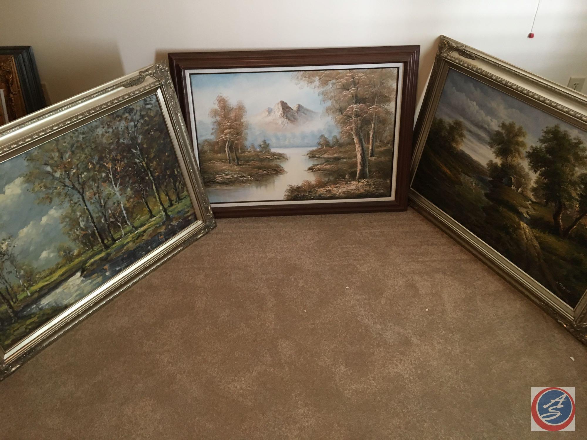 {{3X$BID}} Vintage Framed Canvas Painting 44" x 33", 41" x 33" R. Wood, (2) A Rogers