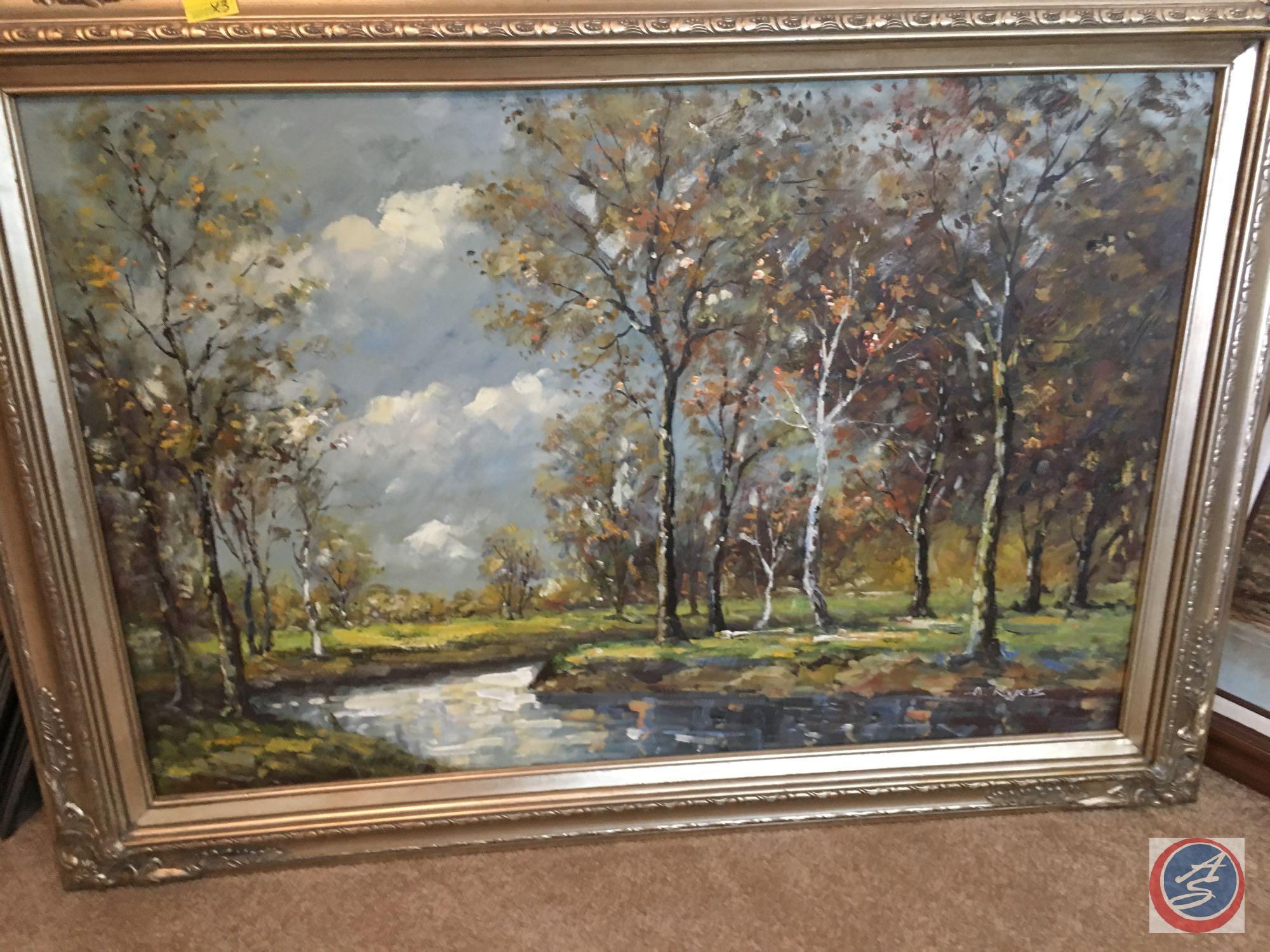 {{3X$BID}} Vintage Framed Canvas Painting 44" x 33", 41" x 33" R. Wood, (2) A Rogers