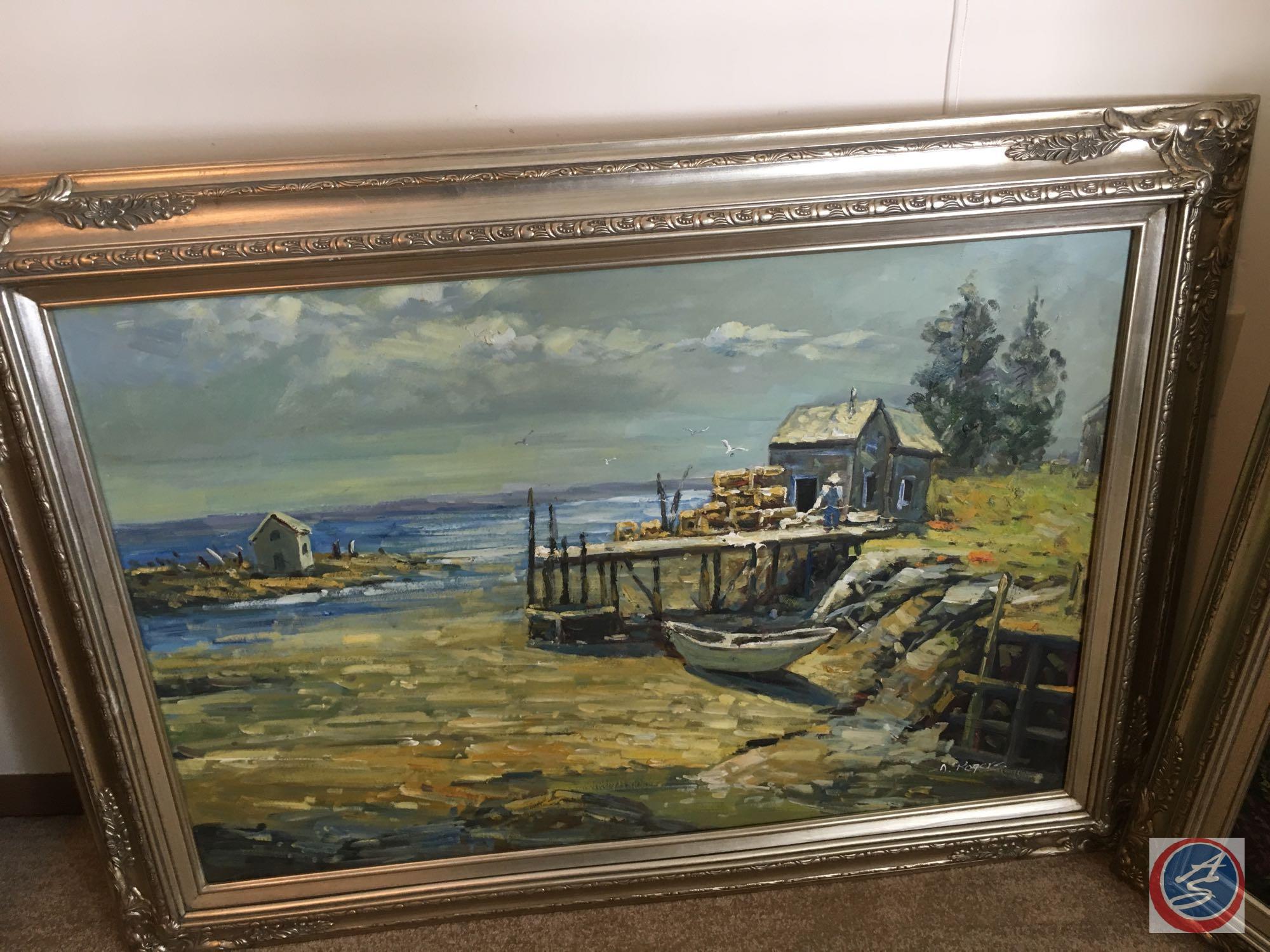 {{3X$BID}} Vintage Framed Canvas Painting 44" x 33" A Rogers, DenBin