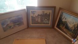(2) Framed Prints, (1) Framed Canvas Painting 40 1/2" x 31", "Fragrent Fields" Renaissance