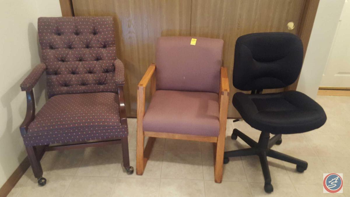 (2) Upholstered Arm Chairs, (1) Rolling and Adjustable Desk Chair