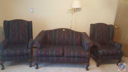 {{3X$BID}} Upholstered Love Seat, (2) Upholstered Arm Chairs w/ Claw Feet