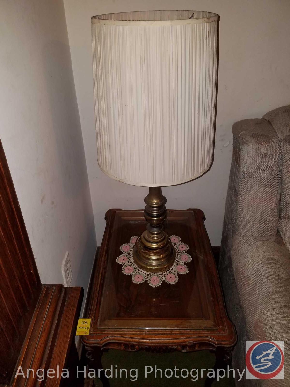 Antique Carved Wood Inlay Side Table with Glass Top (Broken) 24"x17"x16" and Touch Lamp