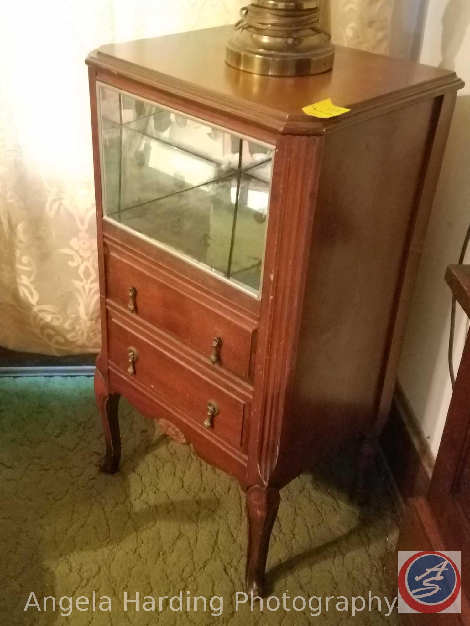 Antique 2 Drawer Upright End Table with Mirrored Shelf 18"x14"x34" and Touch Lamp