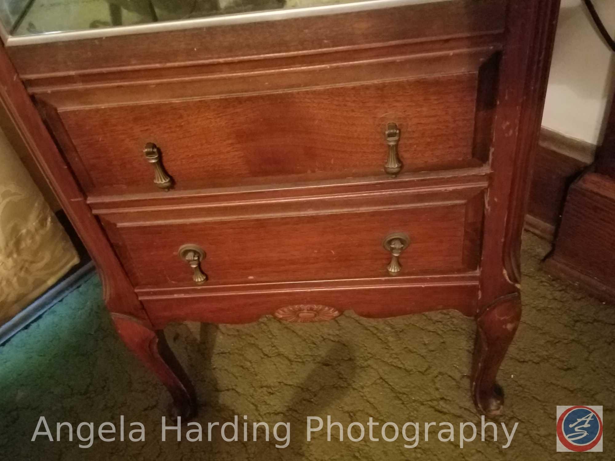 Antique 2 Drawer Upright End Table with Mirrored Shelf 18"x14"x34" and Touch Lamp