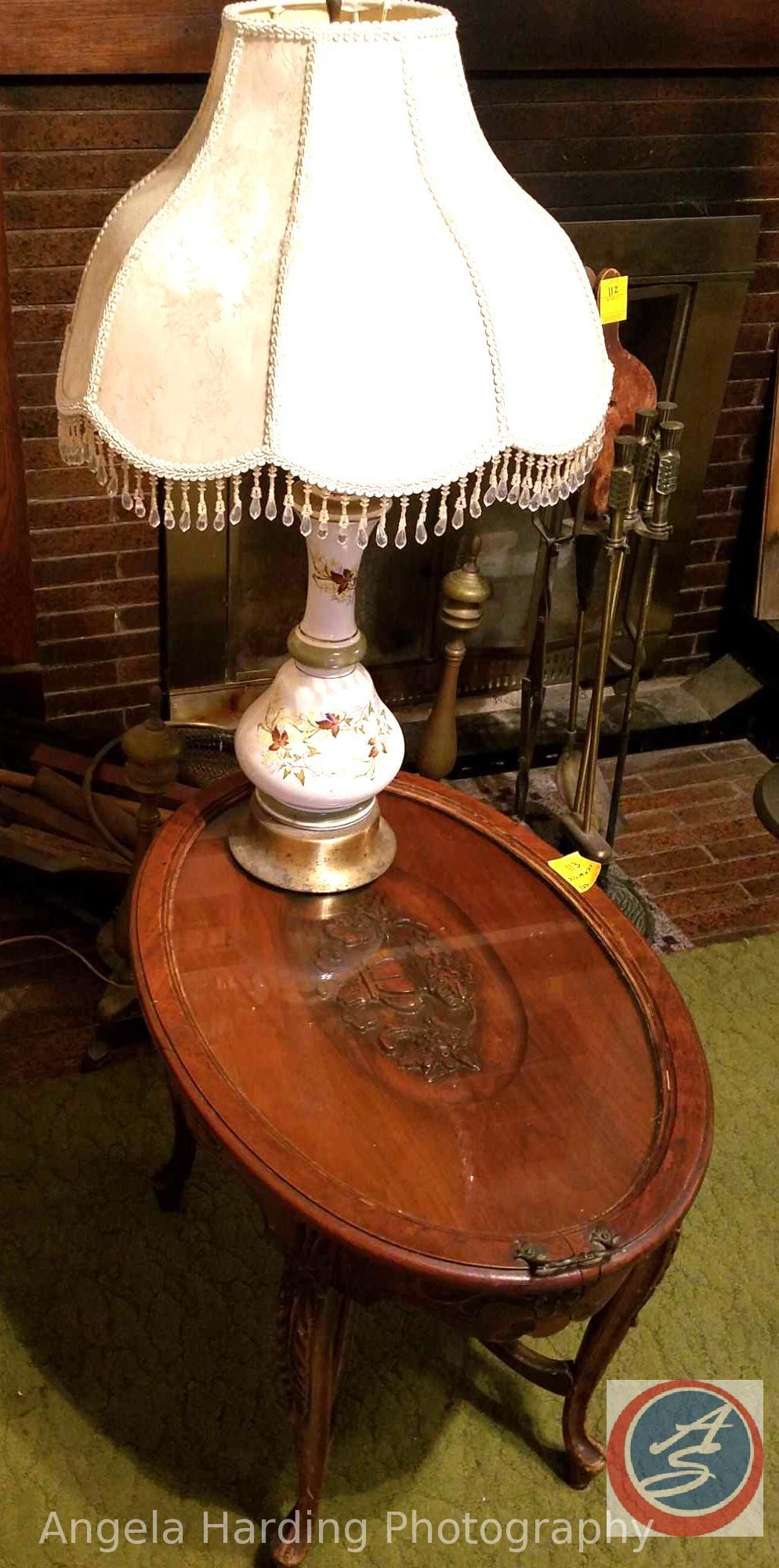 Antique Carved Wood Inlay Side Table with Glass Top 27"x19"x21" and Antique Lamp with Newer Shade