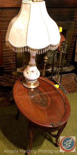 Antique Carved Wood Inlay Side Table with Glass Top 27"x19"x21" and Antique Lamp with Newer Shade