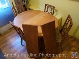 Wood Dinning Table 42"x30" with (3) Leafs 12" each and (4) Padded Seat Chairs (Some Stains)