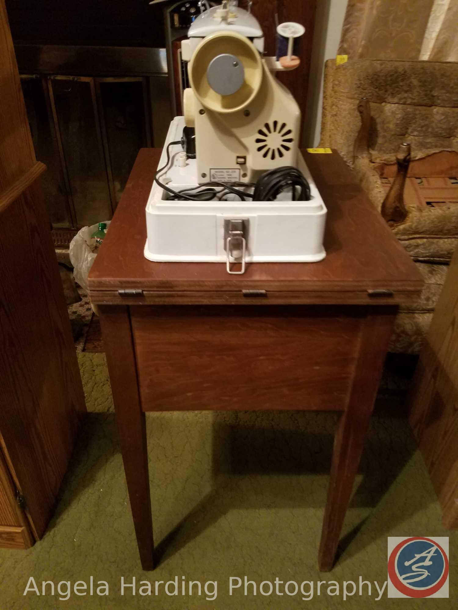 Vintage Wood Sewing Machine Table 22"x17"x30" and Vintage Nelco Sewing Machine Model SZ-206 with