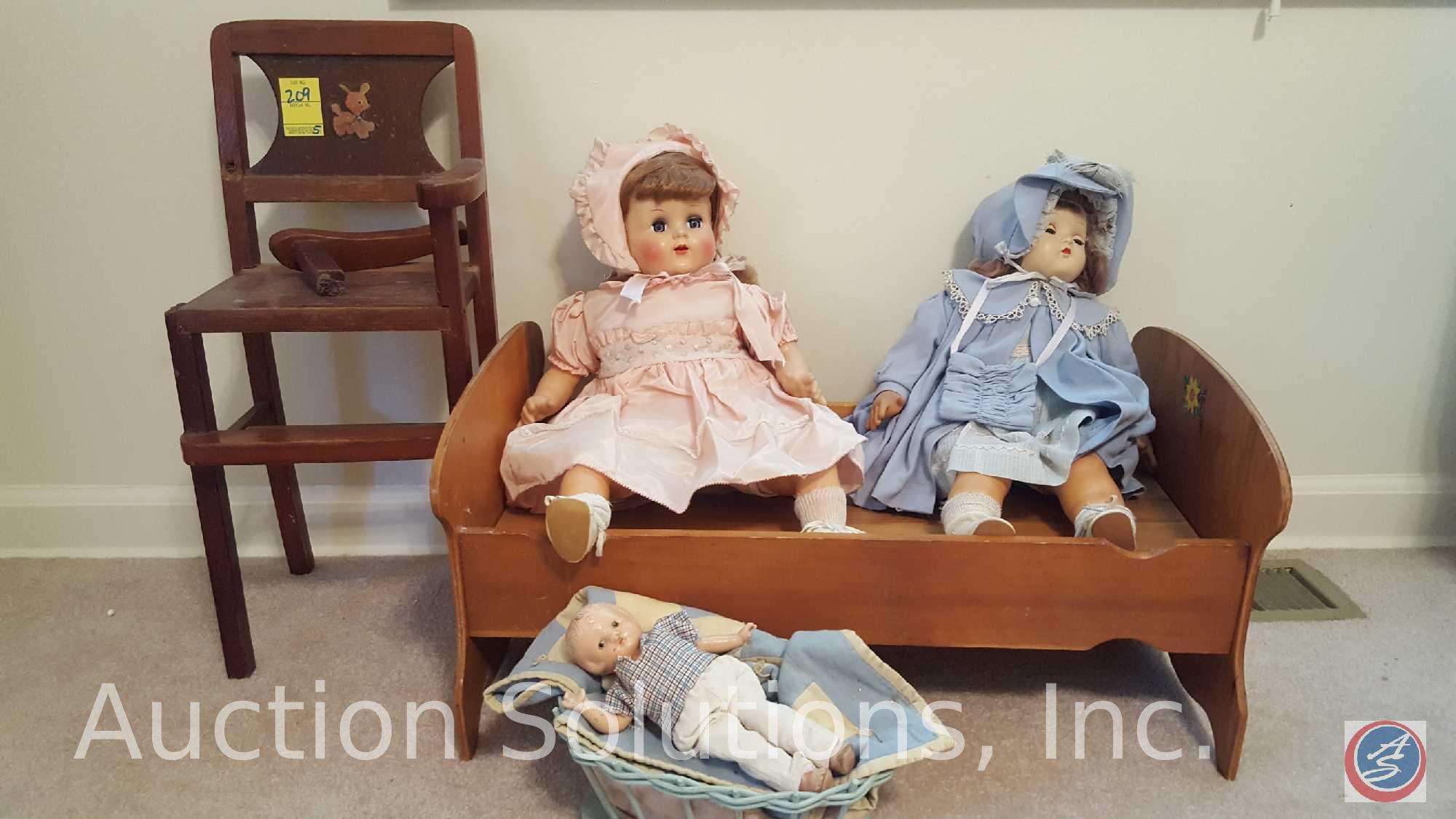 Antique Doll High Chair {{Broken Arm}}, (3) Antique Composite Dolls, Doll Cradle