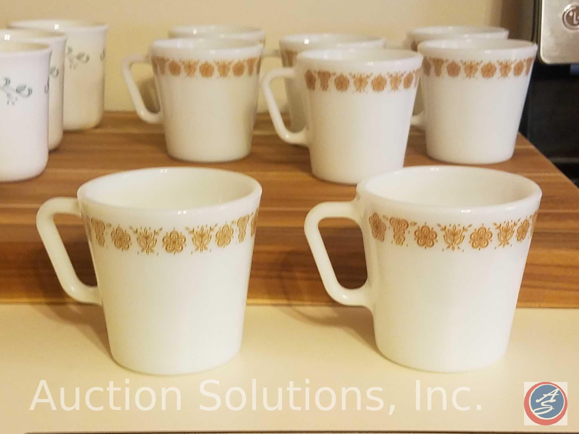 (8) Pyrex Harvest Home Coffee Cups, (4) Corningware Coffee Cups, (2) Home Trends Coffee Cups,