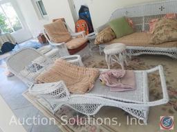 Wicker Couch {{SOME DAMAGE, SEE PICTURES}} 67" x 32" x 32", Wicker Rocking Chair, Wicker Side Table