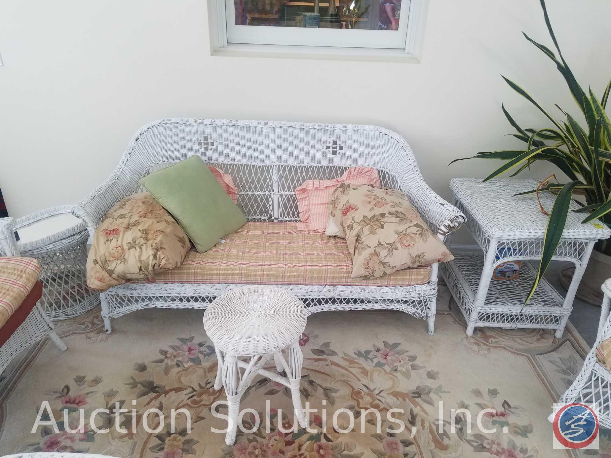 Wicker Couch {{SOME DAMAGE, SEE PICTURES}} 67" x 32" x 32", Wicker Rocking Chair, Wicker Side Table