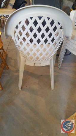 (6) Plastic Patio Chairs, Grosfillex Patio Table 65" x 38" x 27" {{CONTENTS OF TABLE SOLD