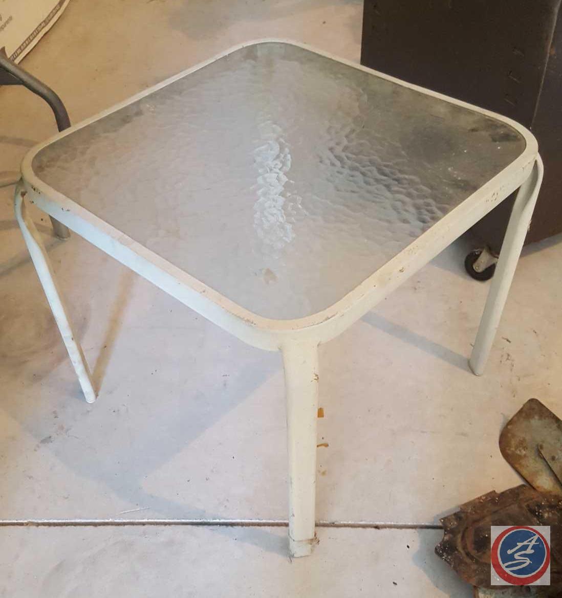 (6) Plastic Patio Chairs, Grosfillex Patio Table 65" x 38" x 27" {{CONTENTS OF TABLE SOLD