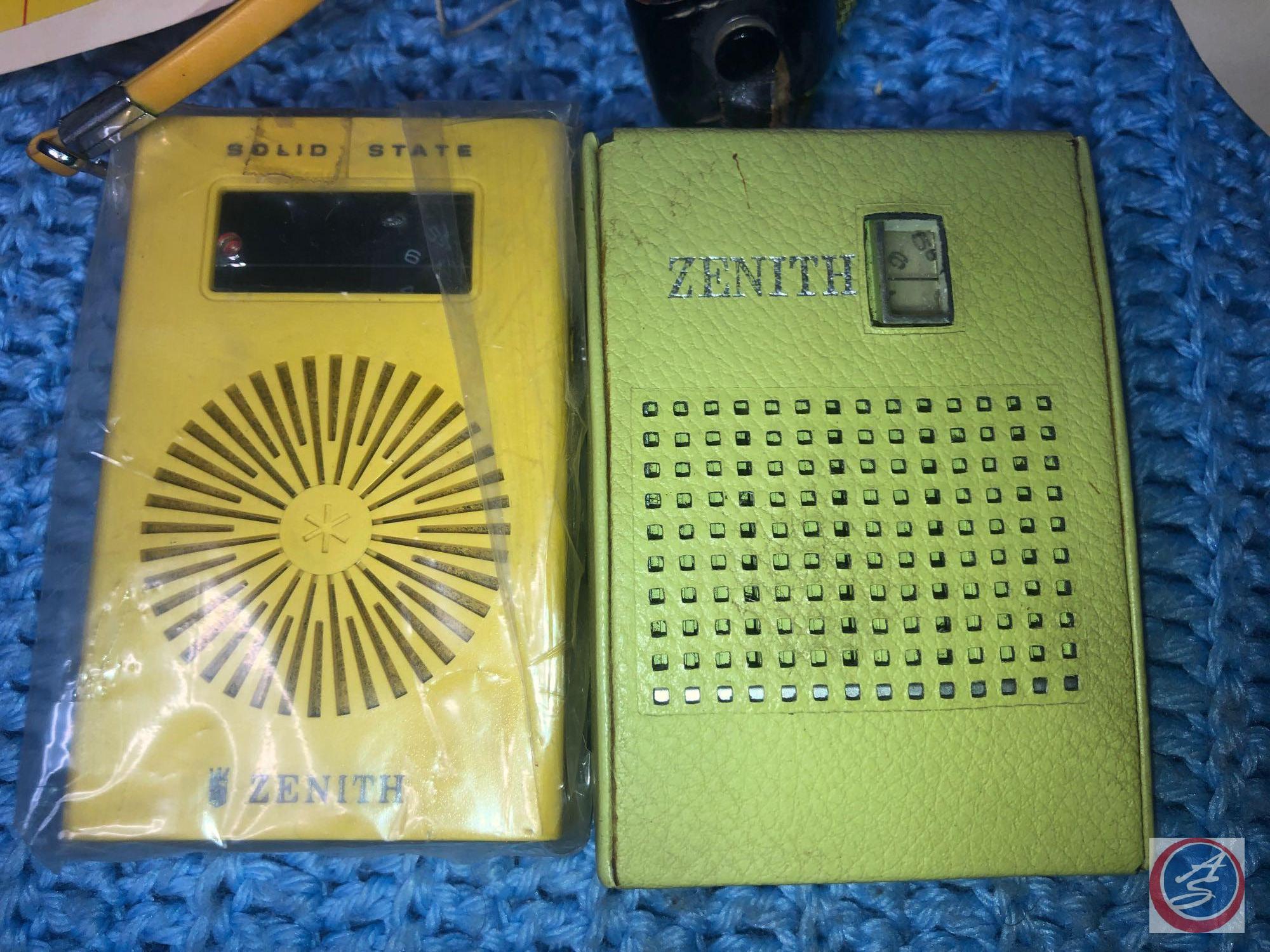 (2) Zenith Solid State AM Transistor Hand Held Radios, One Yellow One Green [[ONLY ONE WITH CASE]]
