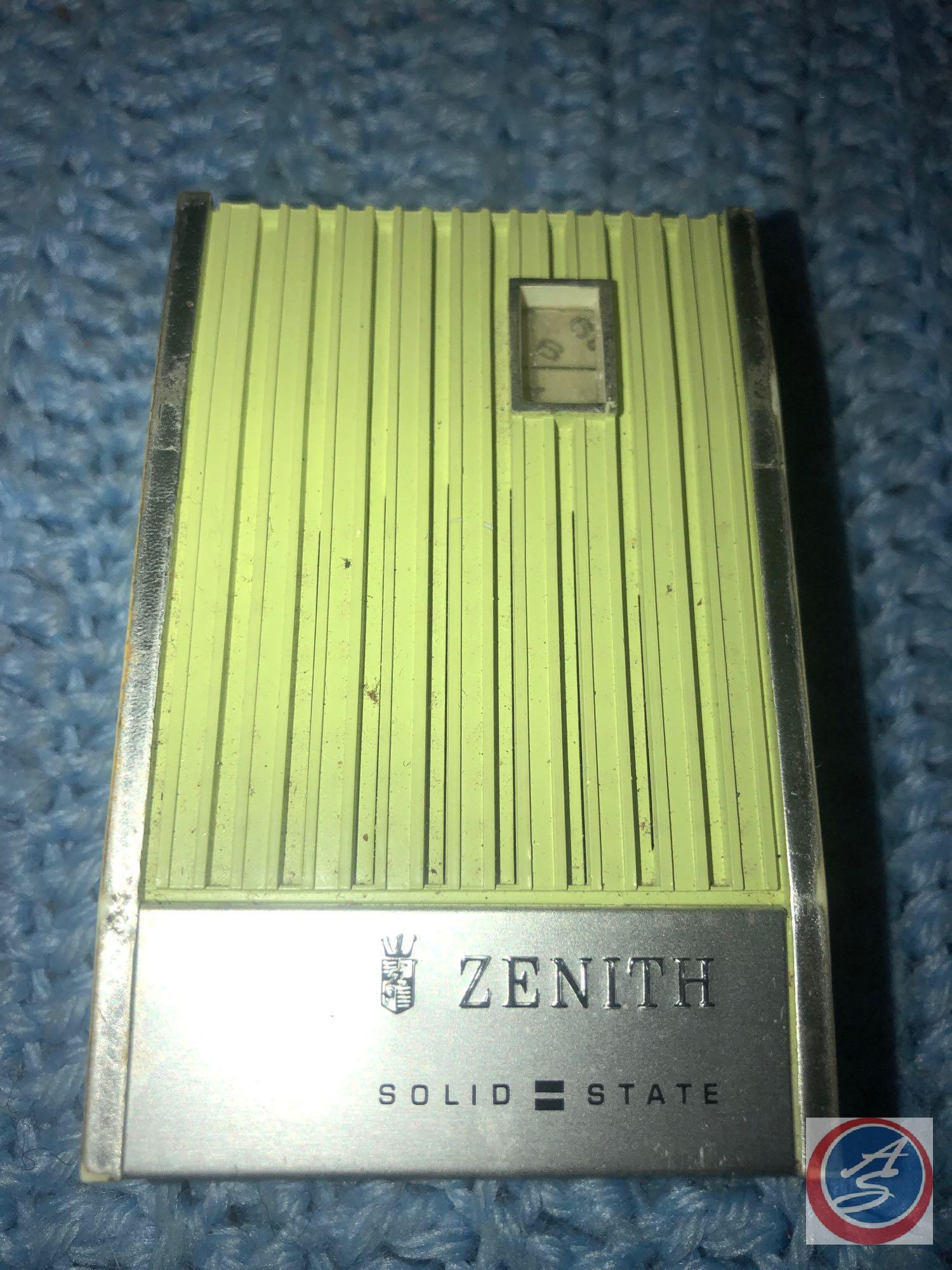 (2) Zenith Solid State AM Transistor Hand Held Radios, One Yellow One Green [[ONLY ONE WITH CASE]]
