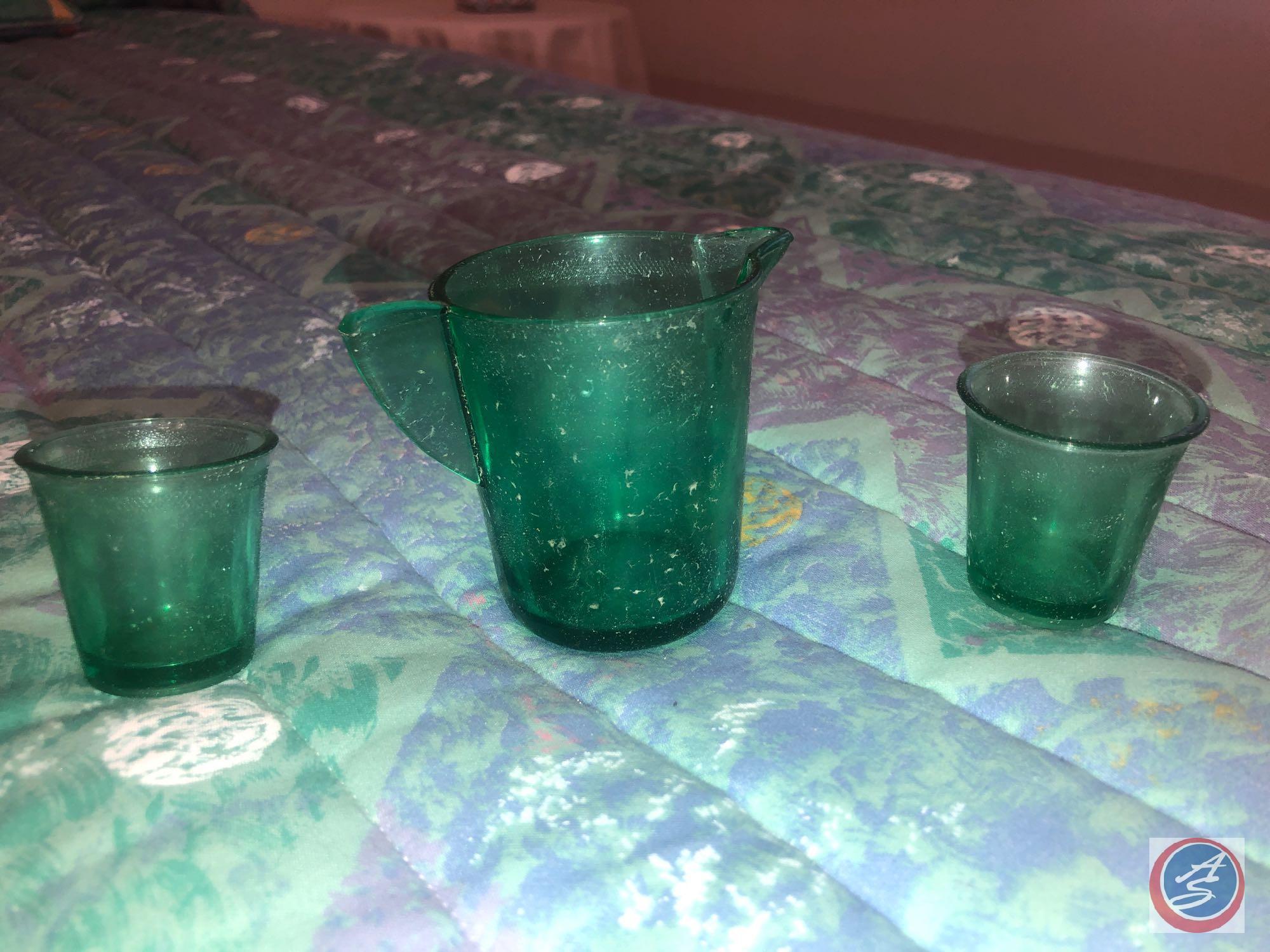 Floral China Marked Made In Japan, Green Glass Pitcher and Matching Cups