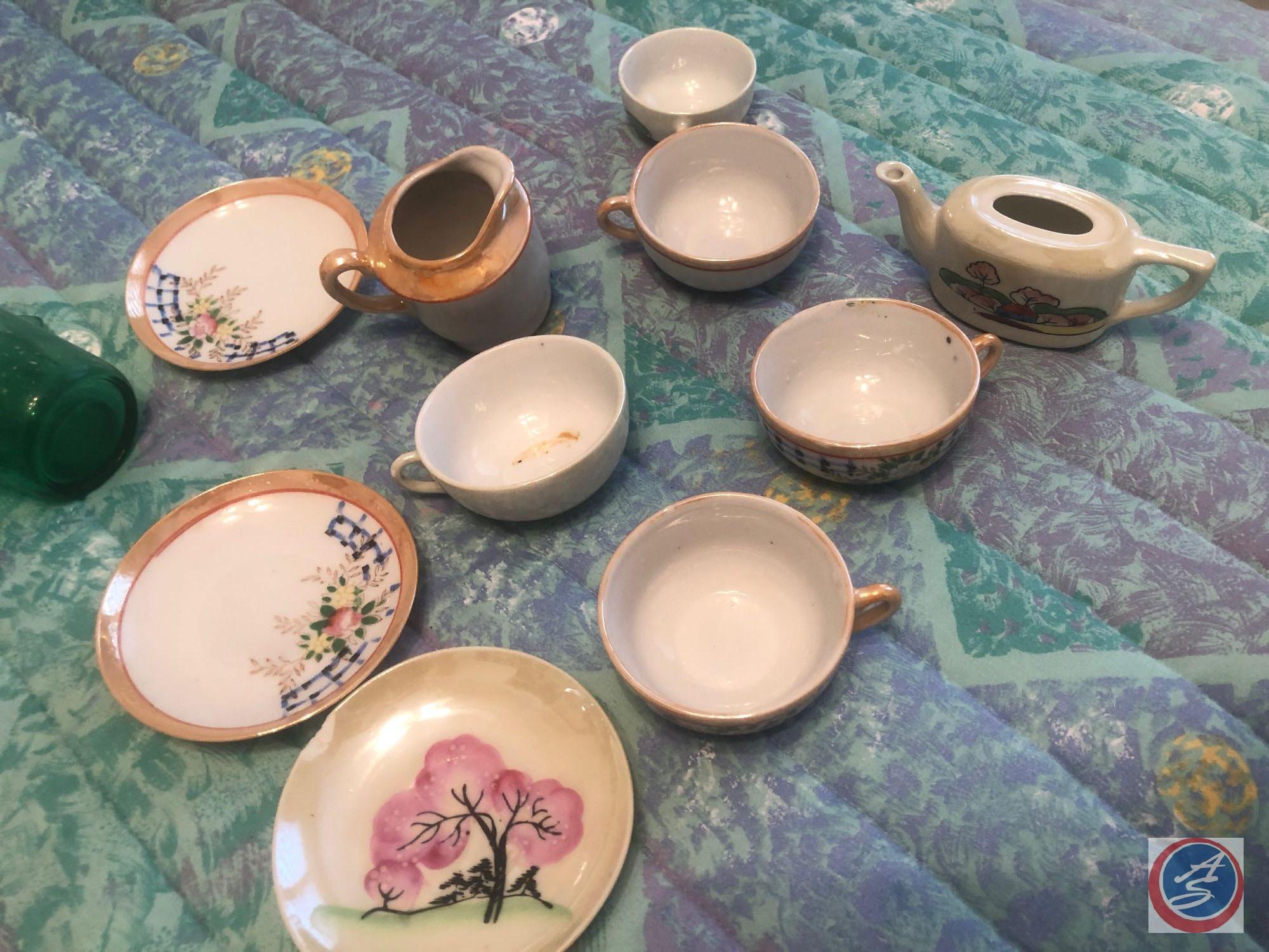 Floral China Marked Made In Japan, Green Glass Pitcher and Matching Cups